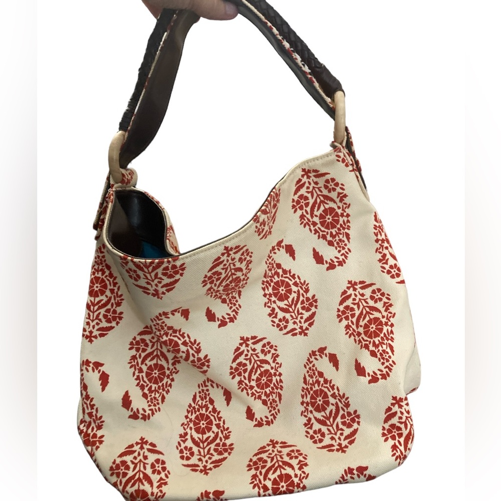Stephanie Johnson Red and Cream Paisley Print Bag -cloth w/ leather bottom